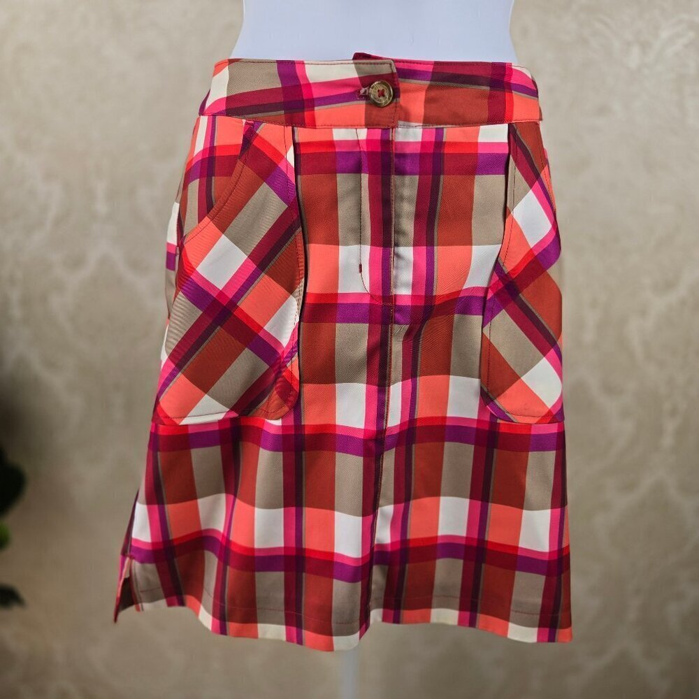 Callaway Size 4 Plaid Golf Skort Pink Orange White Pockets Zip Fly Button Waist